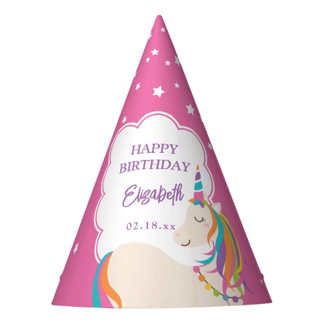 Cute Magical Unicorn Hot Pink Girl Birthday Party Hat (Front)