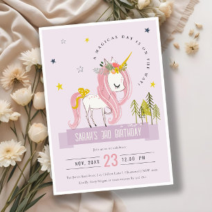 Cute Magical Unicorn Lilac Purple Kids Birthday Invitation