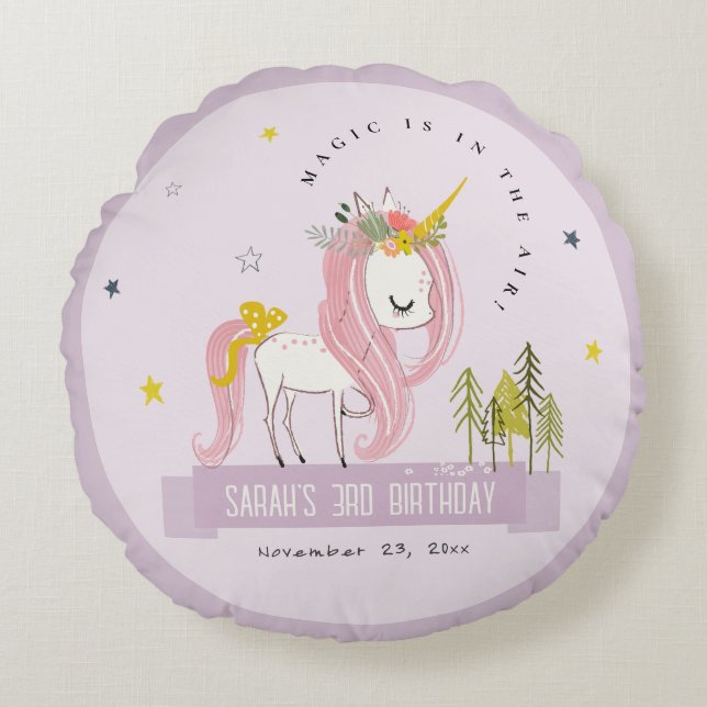 Cute Magical Unicorn Lilac Purple Kids Birthday Round Cushion (Front)