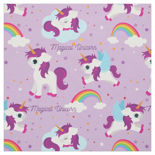Cute magical unicorn on purple background fabric (Swatch)