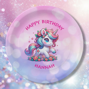 Cute Magical Unicorn Personalised Girl's Birthday Paper Plate