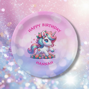 Cute Magical Unicorn Personalised Girl's Birthday Paper Plate