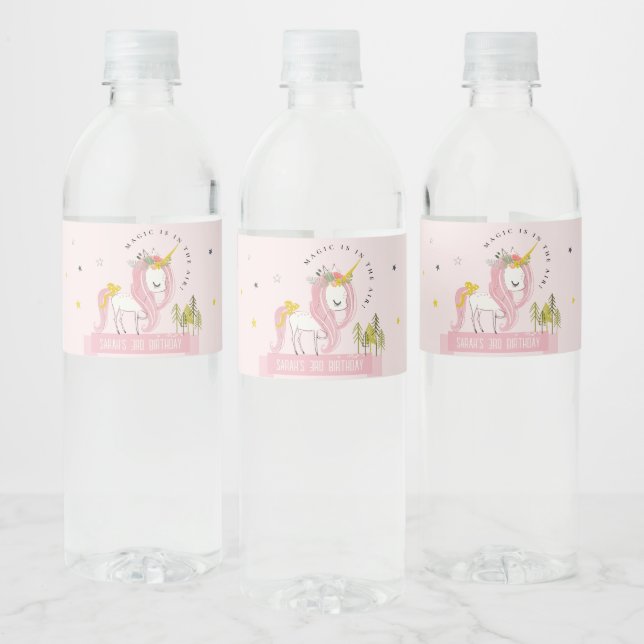 Cute Magical Unicorn Pink Blush Kids Birthday Water Bottle Label (Bottles)