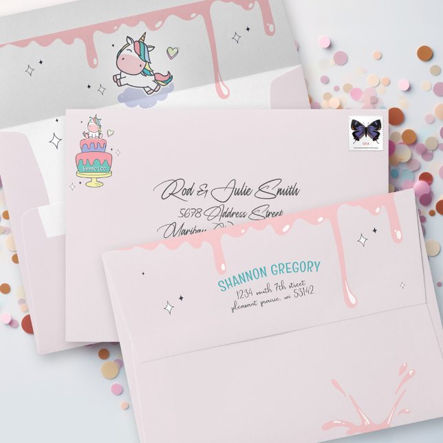 Cute Magical Unicorn Pink Girl Birthday Invitation Envelope (Cute retro pink paint drips kawaii unicorn magic theme custom name birthday cake invitation envelope)
