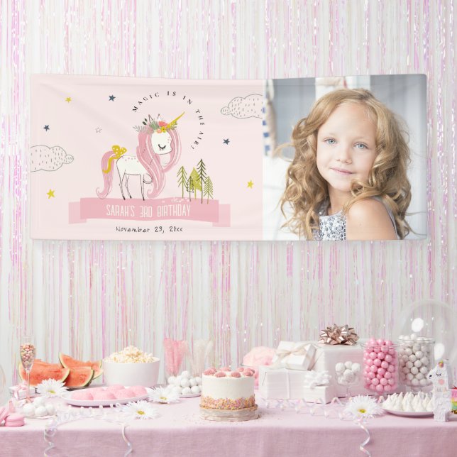 Cute Magical Unicorn Pink Kids Photo Birthday Banner (Party)