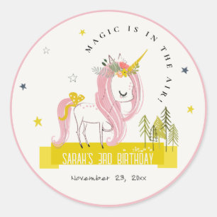Cute Magical Unicorn Pink Yellow Kids Birthday Classic Round Sticker
