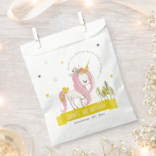 Cute Magical Unicorn Pink Yellow Kids Birthday Favour Bags (Clipped)