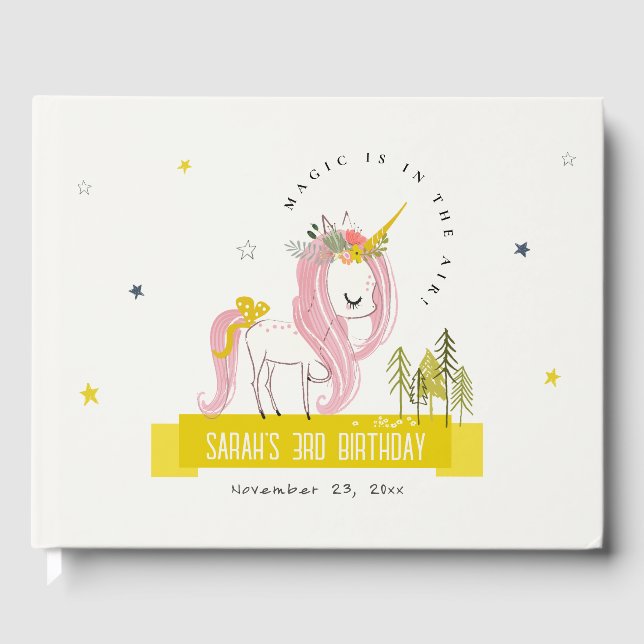 Cute Magical Unicorn Pink Yellow Kids Birthday Guest Book (Front)