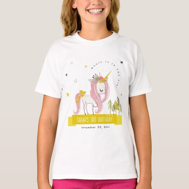 Cute Magical Unicorn Pink Yellow Kids Birthday T-Shirt (Front)