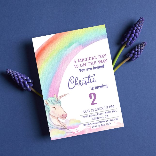 Cute magical unicorn rainbow 2nd birthday  invitation (Creator Uploaded)