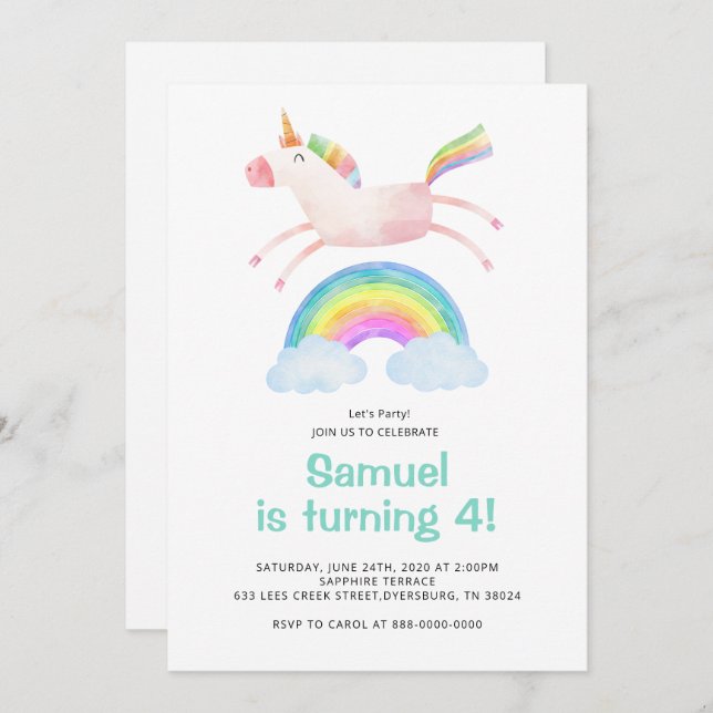 Cute Magical Unicorn Rainbow Birthday Invitation (Front/Back)