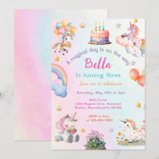 Cute Magical Unicorn Rainbow Girl Birthday Party Invitation (Front/Back)