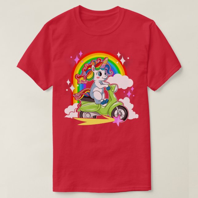 Cute Magical Unicorn Riding Scooter T-Shirt (Design Front)