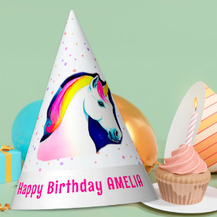 Cute Magical Unicorn Stars Girl Name Birthday Party Hat