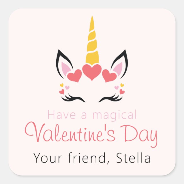 Cute Magical Unicorn Valentine's Day Personalized Square Sticker (Front)