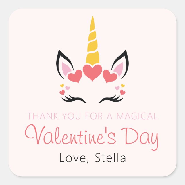 Cute Magical Unicorn Valentine's Day Personalized Square Sticker (Front)