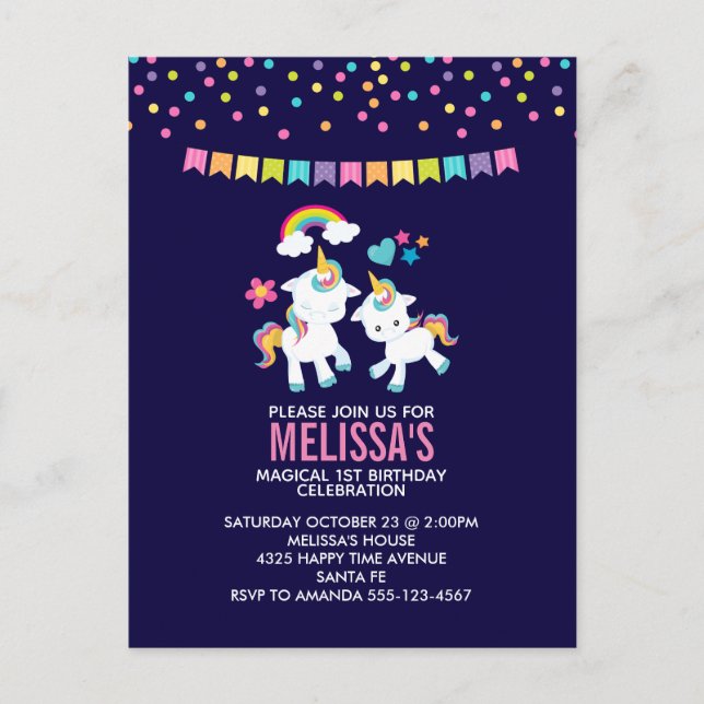 Cute Magical Unicorns Rainbow Birthday Party Postcard (Front)