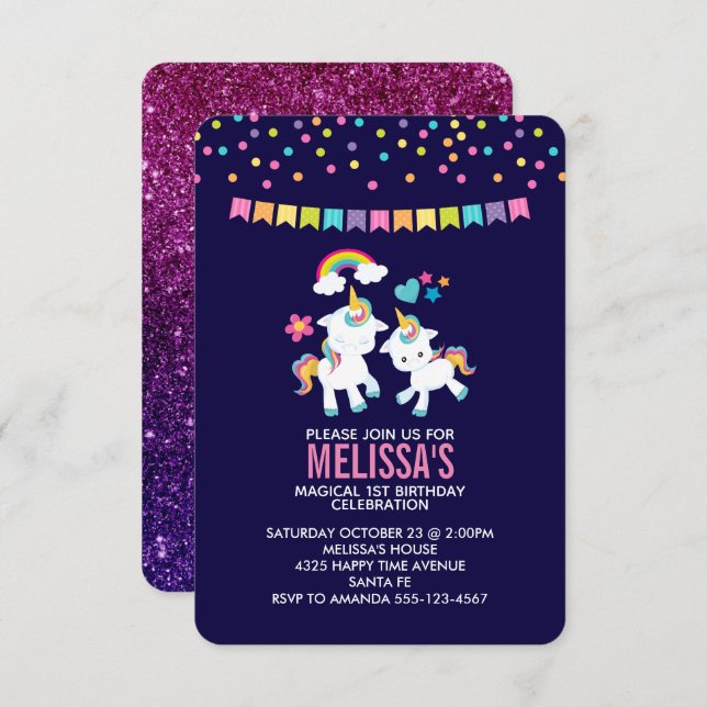 Cute Magical Unicorns with a Rainbow and Stars Invitation (Front/Back)