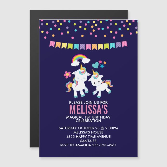 Cute Magical Unicorns with a Rainbow Birthday Magnetic Invitation (Front/Back)