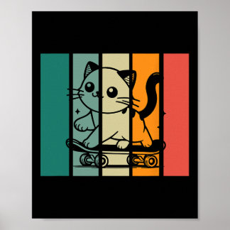 Cute Magnificent Skateboarding Cat Vintage Style D Poster