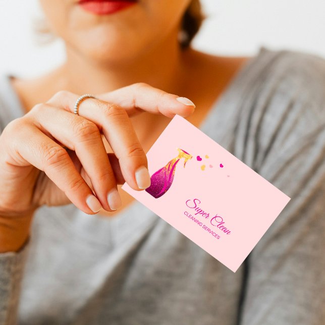 Cute Maid Cleaning House Colourful Hearts Business Card (colorful house cleaning spray bottle spraying hearts)