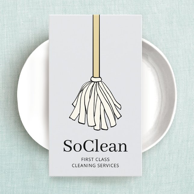 Cute Maid House Cleaning Services Cartoon Mop Business Card (Creator Uploaded)