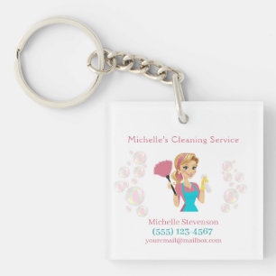 Cute Maid House Pink Glitter Cleaning Service Key Ring