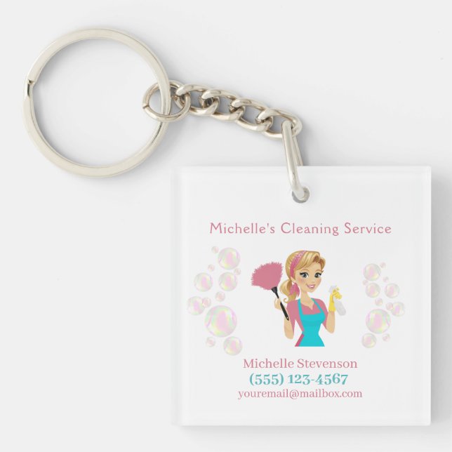 Cute Maid House Pink Glitter Cleaning Service Key Ring (Front)