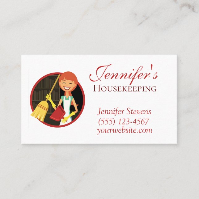 Cute Maid With Broom House Cleaning Service Business Card (Front)
