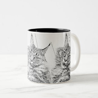 Cute Maine coon cat black and white graphic Two-Tone Coffee Mug