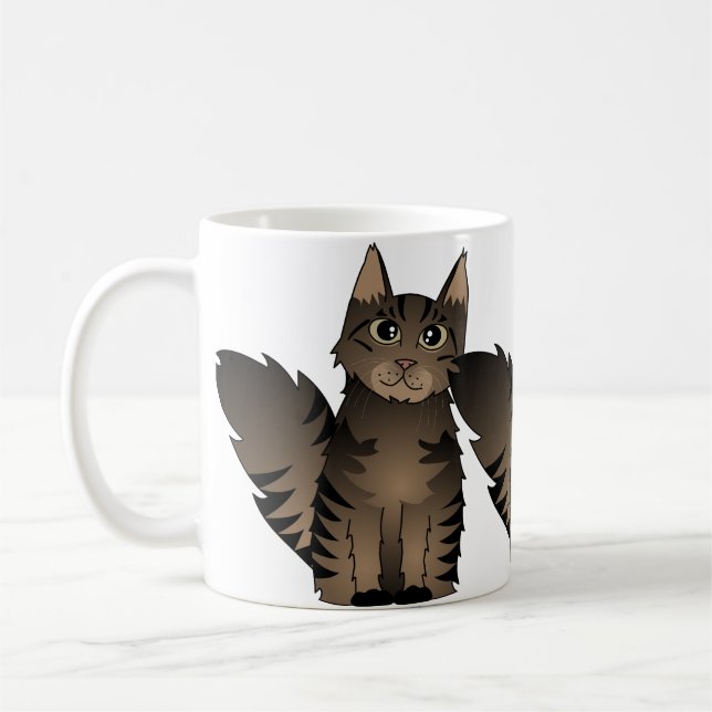 Cute Maine Coon Cat Cartoon - Brown Tabby Coffee Mug (Left)