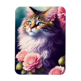 Cute Maine Coon Cat Face & Flower Magnet