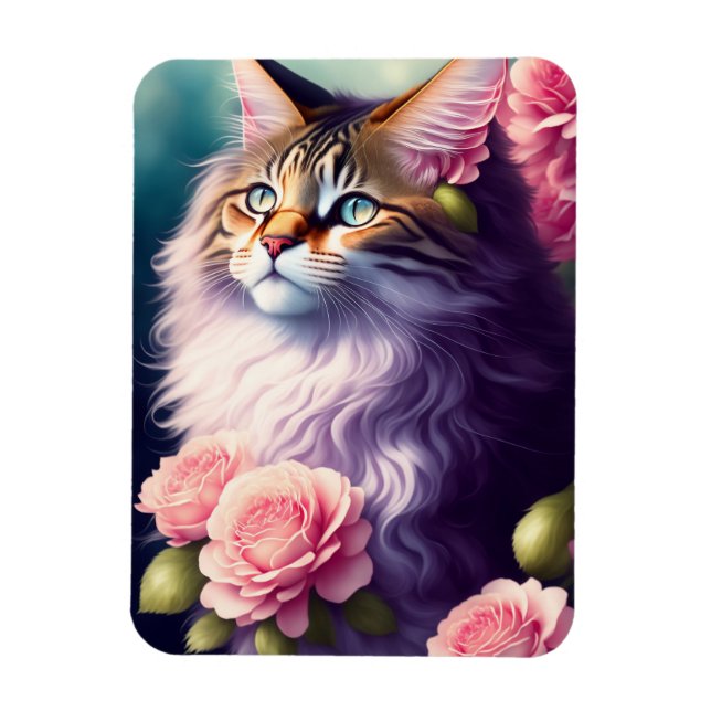 Cute Maine Coon Cat Face & Flower Magnet (Vertical)