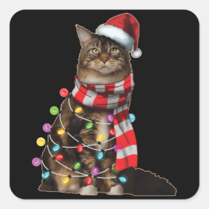 Cute Maine Coon Cat Funny Xmas Holiday Gift Square Sticker