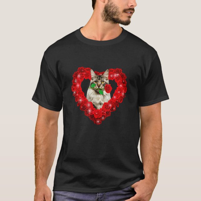 Cute Maine Coon Cat Heart Flowers Valentine S Day T-Shirt (Front)