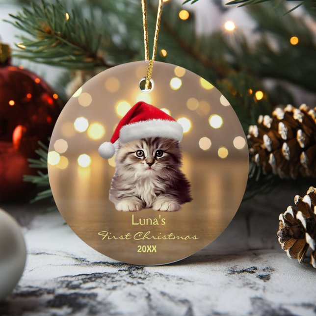 Cute Maine Coon Cat Santa Hat Gold Personalised  Ceramic Tree Decoration (Creator Uploaded)