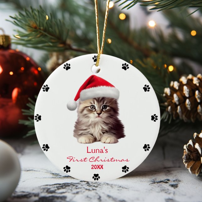 Cute Maine Coon Cat Santa Hat Paw Personalised  Ceramic Tree Decoration (Creator Uploaded)