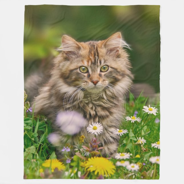 Cute Maine Coon Kitten Cat in Flower Meadow - Fleece Blanket (Front)