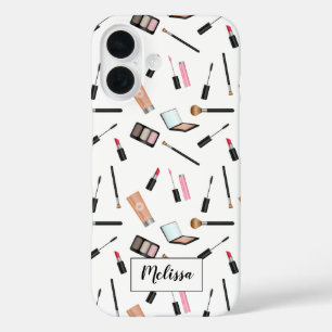 Cute Makeup Things Pattern With Personalised Name iPhone 16 Case