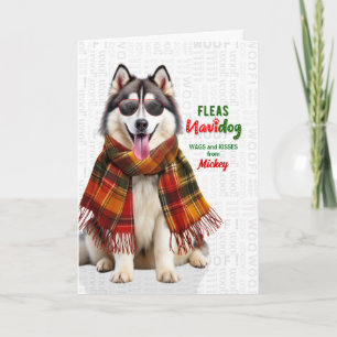 Cute Malamute Dog Funny Fleas Navidog with Name Holiday Card