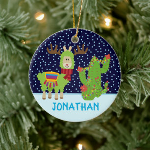 Cute Male Christmas Llama With Name Ceramic Tree Decoration