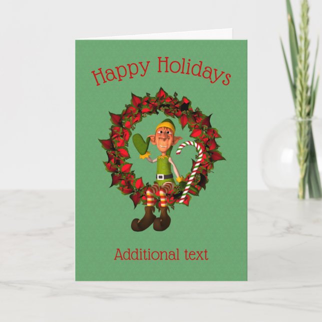 Cute Male Elf On Wreath Christmas Holiday Card (Front)