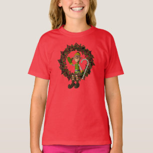 Cute Male Elf On Wreath Holiday T-Shirt