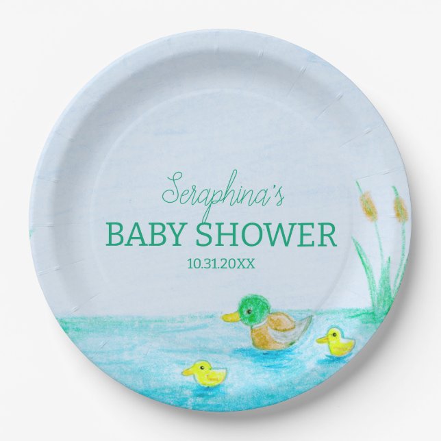 Cute Mallard Duck Baby Shower Paper Plate (Front)