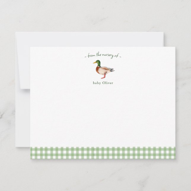 Cute Mallard  Gingham Border Baby Thank You card (Front)
