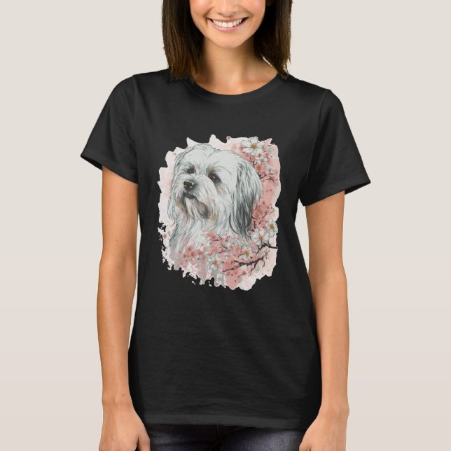 Cute Maltese Cherry Blossom Dog Breed Japanese Sak T-Shirt (Front)