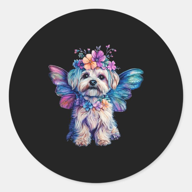 Cute Maltese Dog Angel With Wings  Classic Round Sticker (Front)