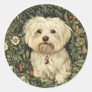Cute Maltese Dog in a William Morris Style Garden Classic Round Sticker