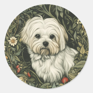 Cute Maltese Dog in a William Morris Style Garden Classic Round Sticker