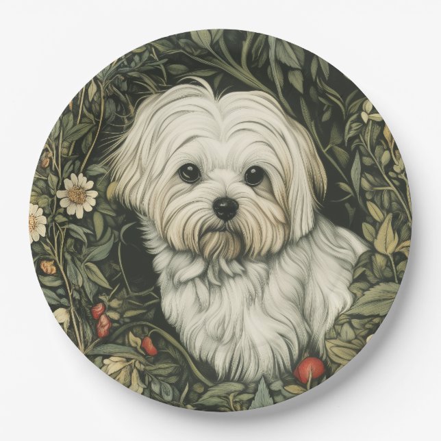 Cute Maltese Dog in a William Morris Style Garden Paper Plate (Front)